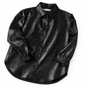 Zara Croc-Embossed Black Faux Leather Shacket Jacket | Glossy | Oversized